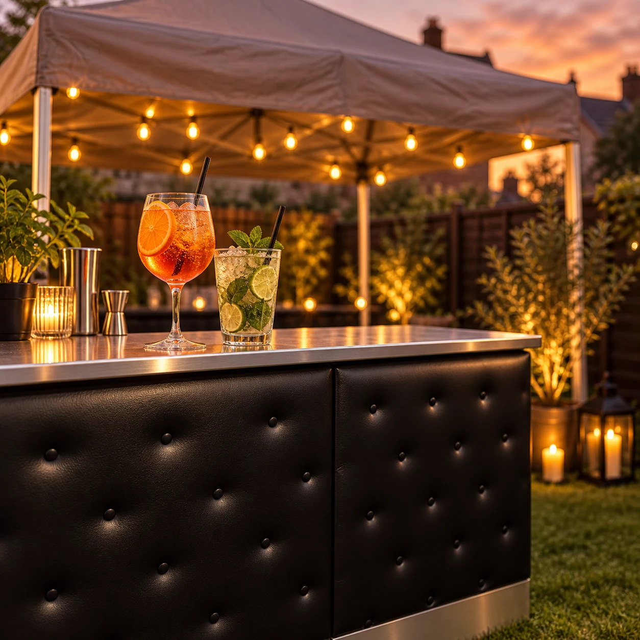 Illustrative cocktails on our silver-edged, black padded bar