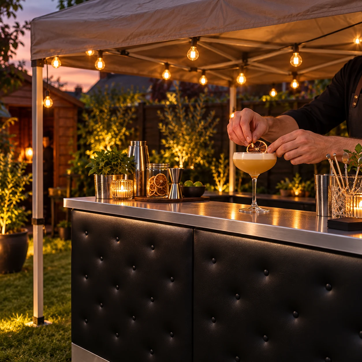 Illustrative cocktail preparation at our black padded bar
