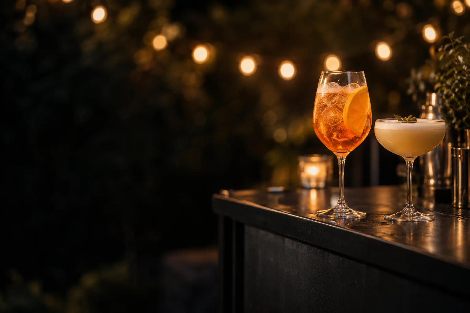 An orange spritz and a cocktail coupe on a softly lit bar