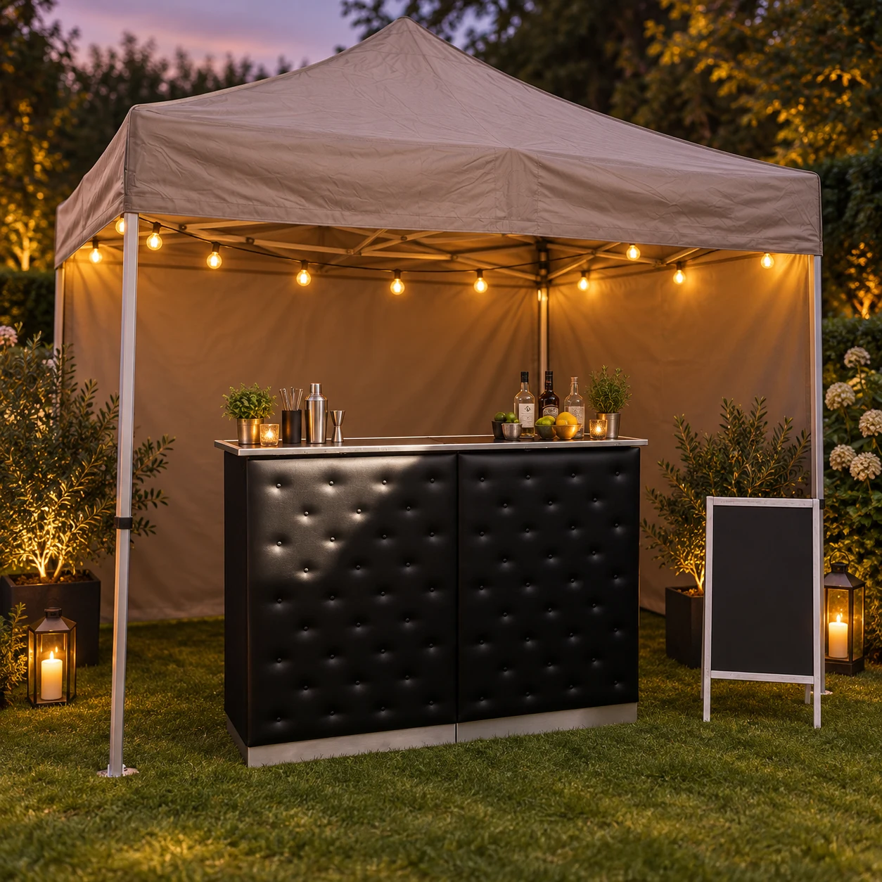 Evening concept of our actual black padded bar and taupe gazebo